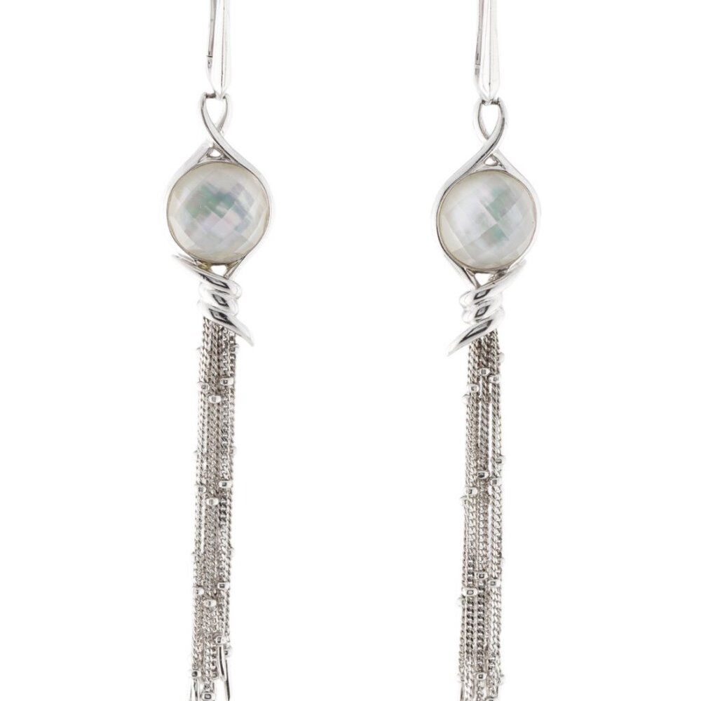 STEPHEN WEBSTER SS & 14K POSTS QUARTZ & MOTHER OF PEARL DOUBLET TASSEL EARRINGS